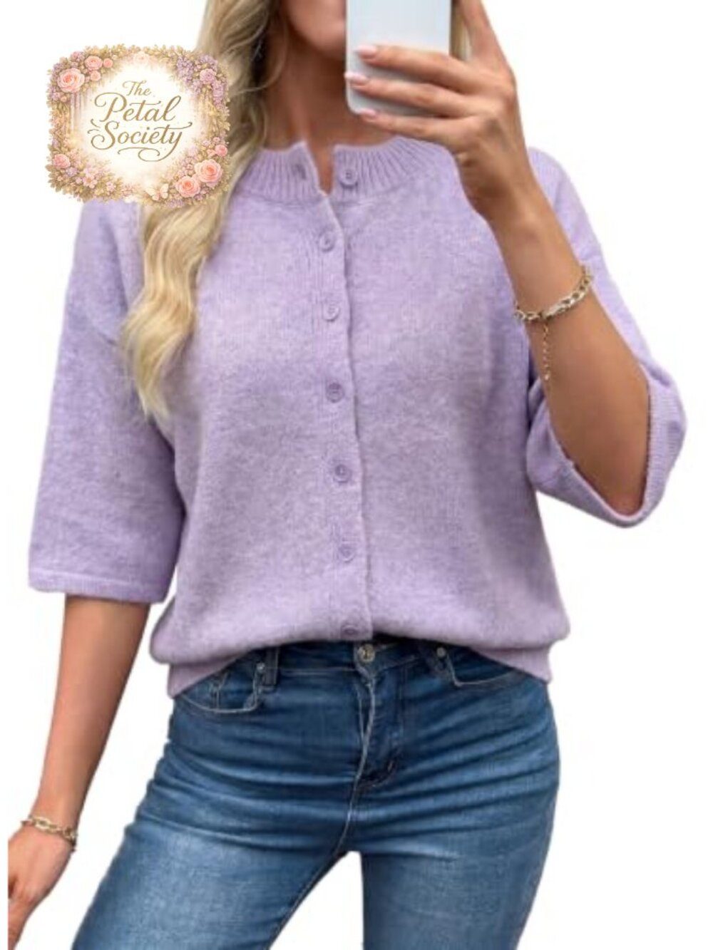 Womens Button Front Cardigan 3/4 Sleeve Lightweight Knit Sweater